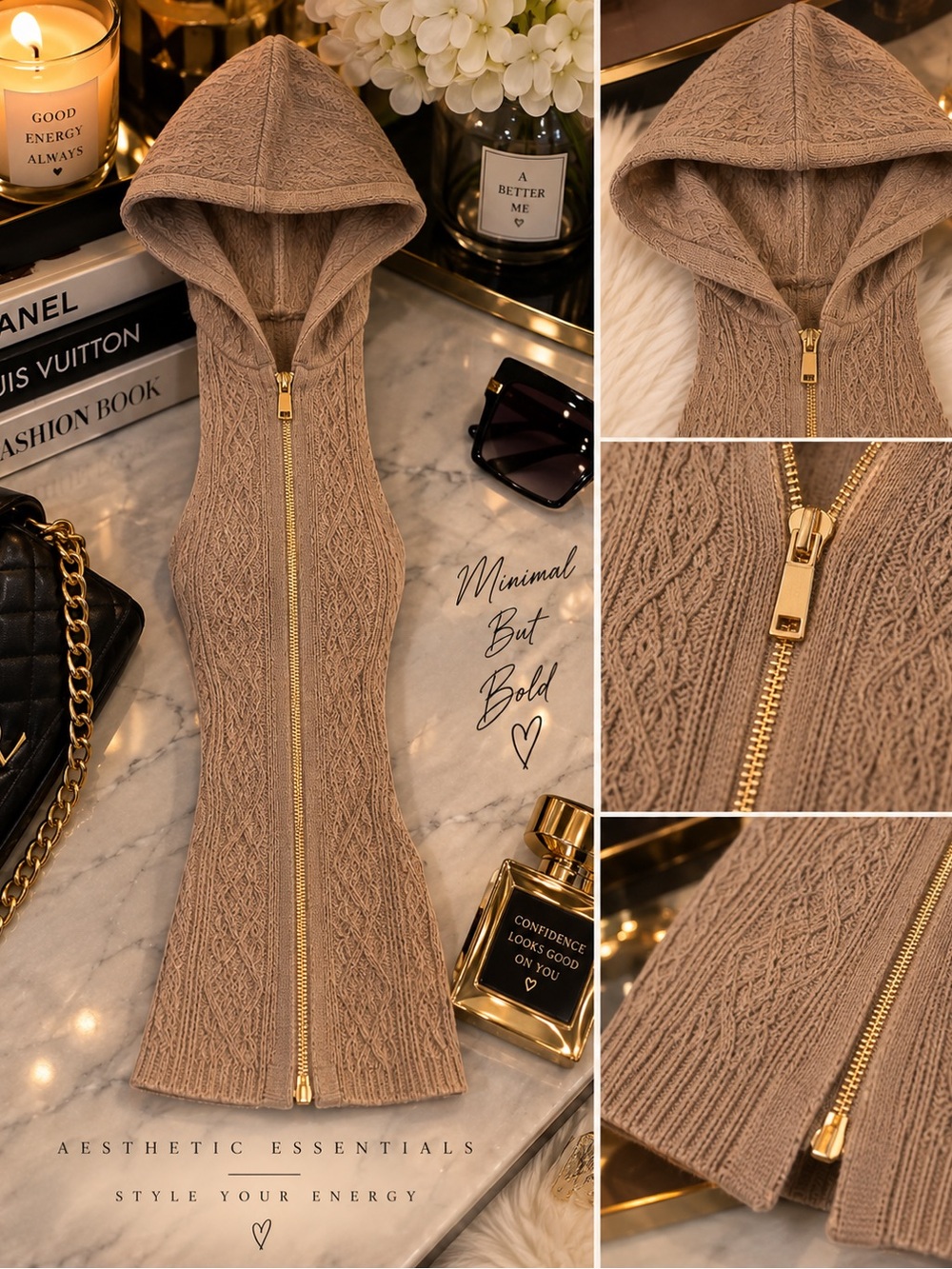 Alice Blue Taupe Hooded Cable Knit Zip Front Sweater Vest